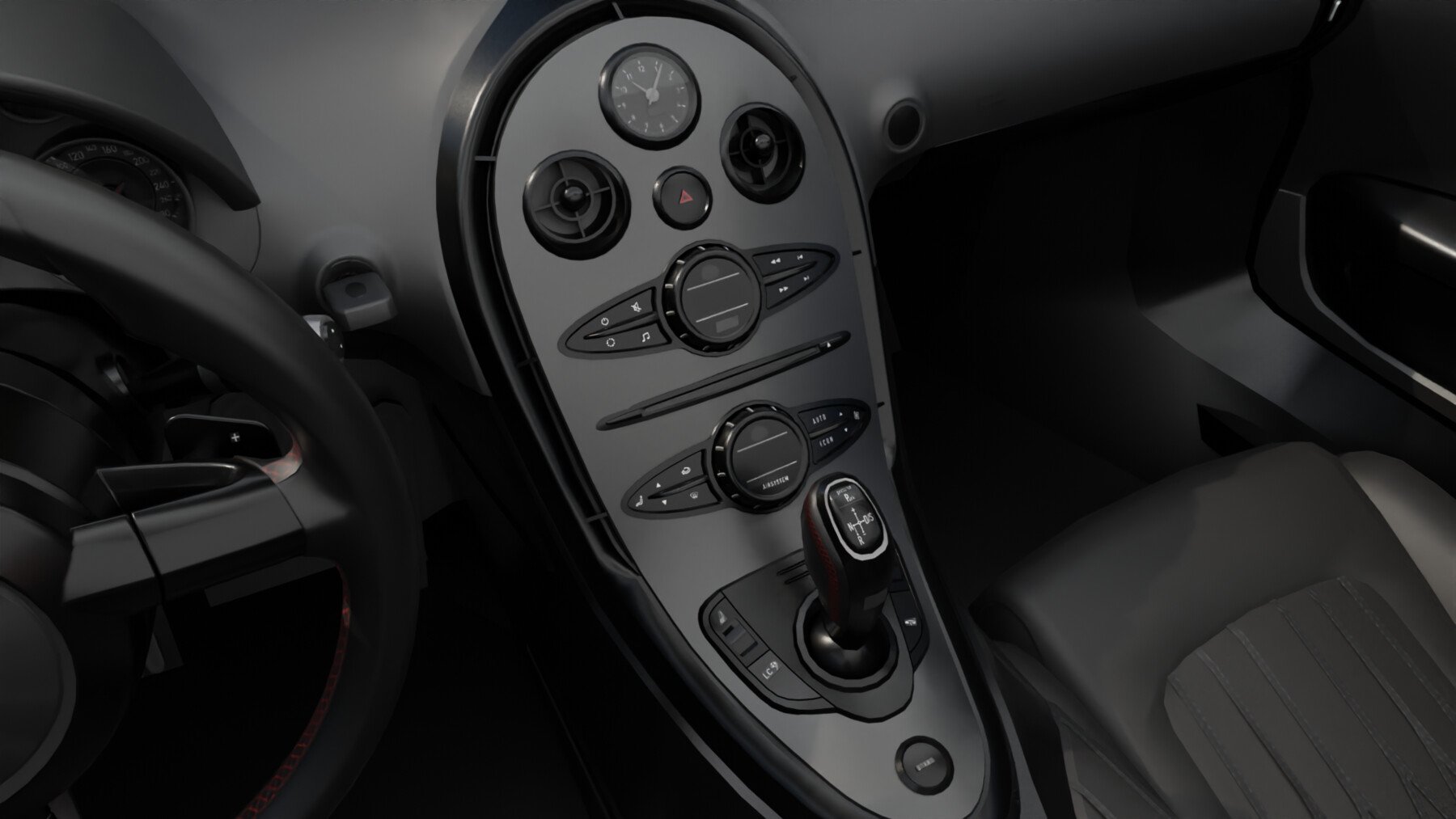 A photograph of the cockpit of a Bugatti Type 43, a luxury sports car from  the 1920s. The image showcases the vehicle's dashboard, steering wheel, and  gear shifter, reflecting the craftsmanship and, image size:1800x1013