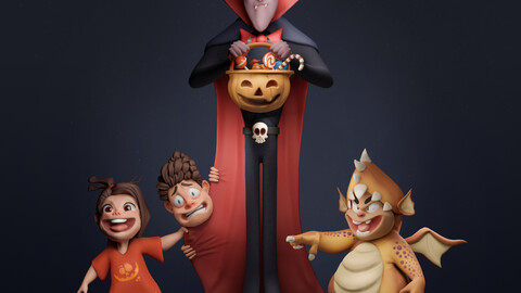 Halloween Special 4 Stylized Characters Including Pumpkin Basket