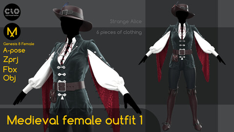 Medieval female outfit 1. Clo3d, Marvelous Designer projects.