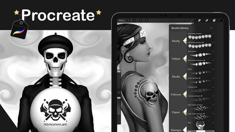 Procreate Brushes Skulls, Skeletons, Bones, Tattoos & Stamps | Halloween Gothic Procreate Brushes for iPad Pro