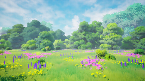 Stylized Scene with Grass and Flowers