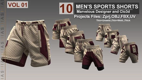 MEN,S SPORTS SHORTS  VOL 1 (CLO3D AND MAEVELOUS DESIGNER) ZPRJ, OBJ, FBX, UV