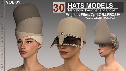 30 HATS MODESL VOL 1 (CLO3D AND MAEVELOUS DESIGNER) ZPRJ, OBJ, FBX, UV