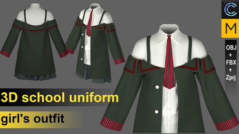 3D school uniform / girl's outfit - marvelous / clo3d + ZPRJ + OBJ + FBX