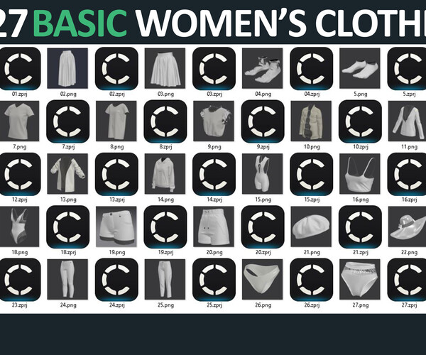 ArtStation 27 BASIC WOMEN'S CLOTHES PACK / Marvelous Designer / CLO3D