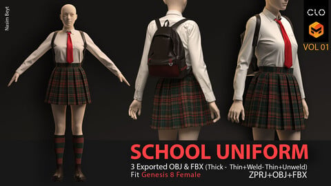 SCHOOL UNIFORM with BAG & SHOES PACK with TEXTURES (VOL.01). CLO3D, MD PROJECTS+OBJ+FBX