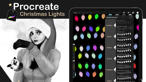 Procreate Brushes Christmas Lights & Gingerbread Stamps | Colorful Christmas Procreate Brushes for iPad Pro