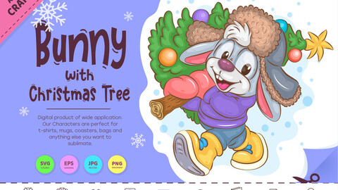 Bunny with Christmas Tree. Clipart