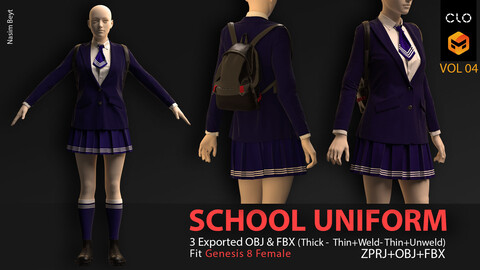 SCHOOL UNIFORM with BAG & SHOES PACK with TEXTURES (VOL.04). CLO3D, MD PROJECTS+OBJ+FBX