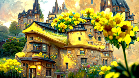 castle surrounded by yellow flowers