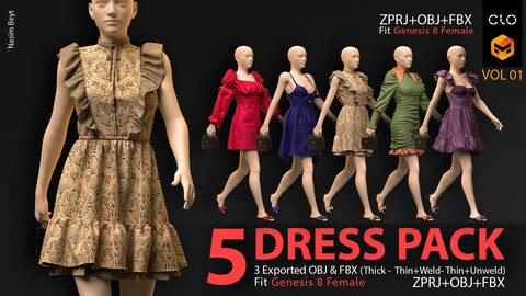 5 DRESS with BAG & SHOES PACK with TEXTURES (VOL.01). CLO3D, MD PROJECTS+OBJ+FBX