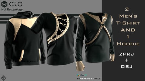 2 Men's T-shirt and 1 Hoodie- CLO3D / MD project files + OBJ