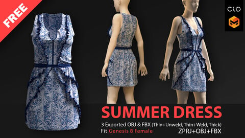 FREE SUMMER DRESS No.05. CLO3D, MD PROJECTS+OBJ+FBX