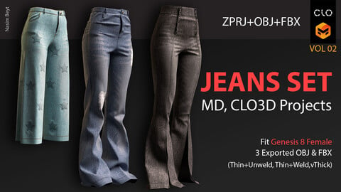 3 Different Female Jeans Sets (VOL.02) with Texture. CLO3D, MD PROJECTS+OBJ+FBX