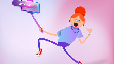 A funny girl takes a selfie on her phone and a subscribe button