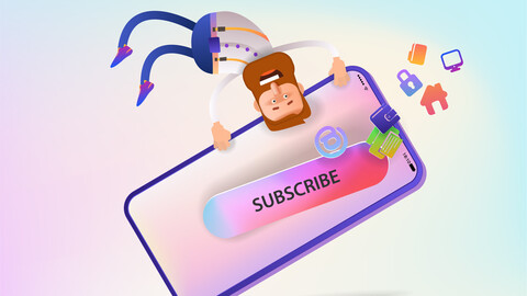 A man is holding a mobile phone with a subscribe button