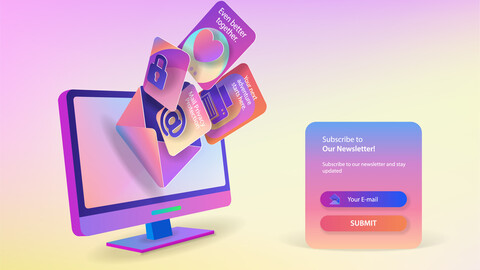 A web banner with an office computer and an envelope with flying icons and a subscribe button