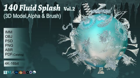 140 Fluid Splash 3D Model, IMM Brush and Alpha Vol.2