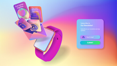 A web banner with a smart watch and an envelope with flying icons and a subscribe button