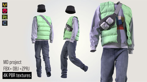 man outfit puffer hat pants bag clothes