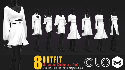 8 models of women's outfit / marvelous & clo3d / OBJ / FBX