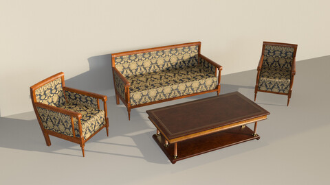 19th Sofa, Armchair and Coffee Table Biedermeier Style for Daz