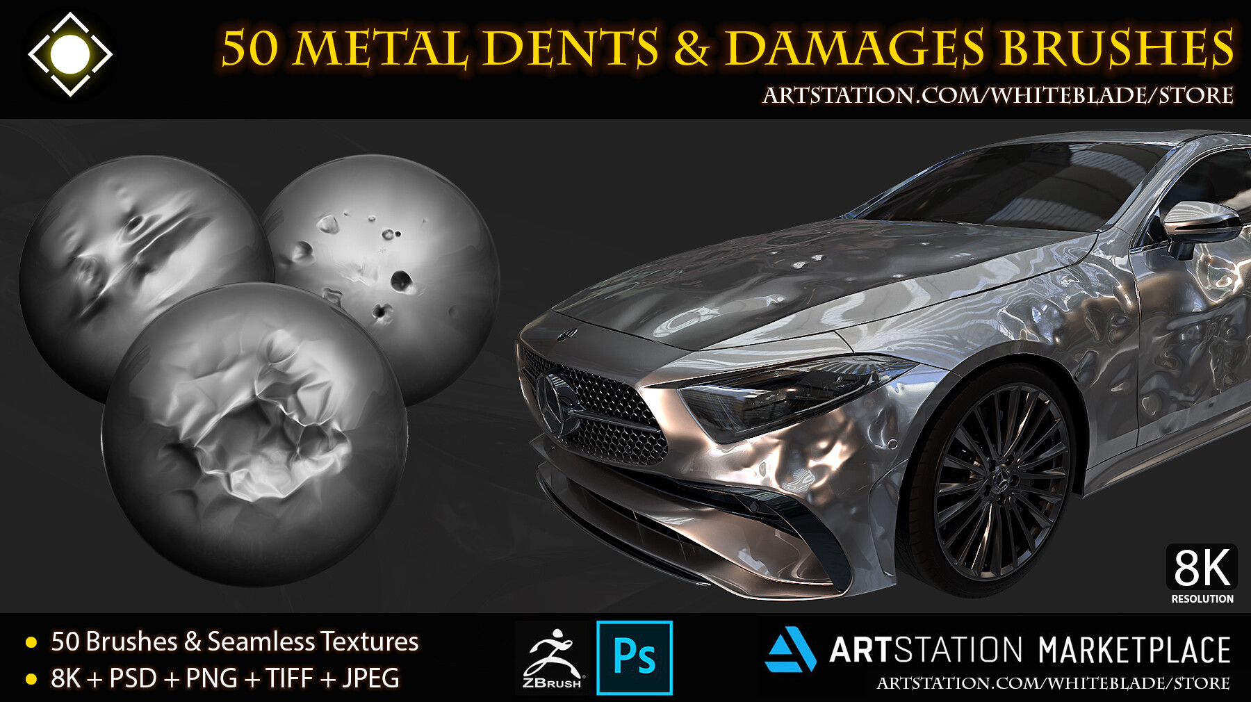 ArtStation - 50 Metal Dents & Damages Brushes Vol.02 - ZBrush 4R8+/Blender/Mudbox/3dcoat | Brushes