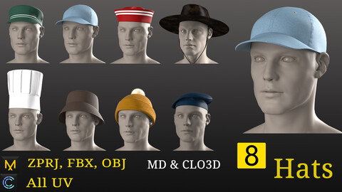 8 Hats MD & CLO3D project (ZPRJ + OBJ + FBX)