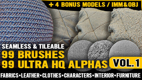 Ultra HQ Fabric & Leather Seamless Sculpt Zbrush brushes + Alphas (Blender, Substance, etc.) Vol.1