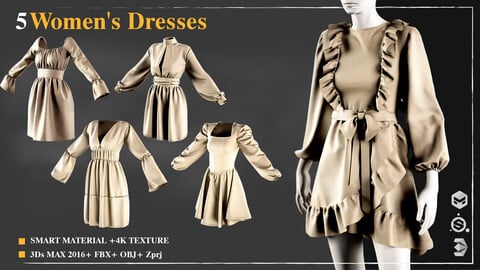 5 Women's Dresses / /Marvelous Designer /Smart material