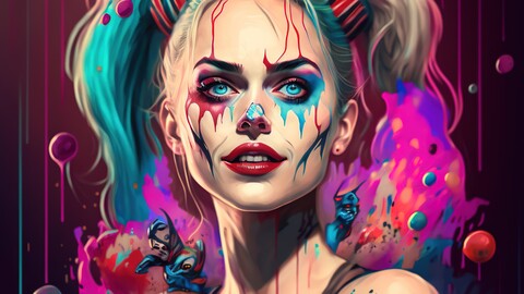 6k Digital Print of The Queen of Clowns. Master of Jokers. Issue 6 - A Psychedelic Comic Book Character Portrait Painting - Super Hero / Anti-Hero / Villain Illustration Artwork Reference