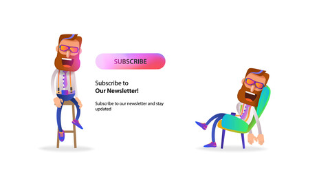 Web icons with a cartoon bearded man sitting on a chair and a subscribe button