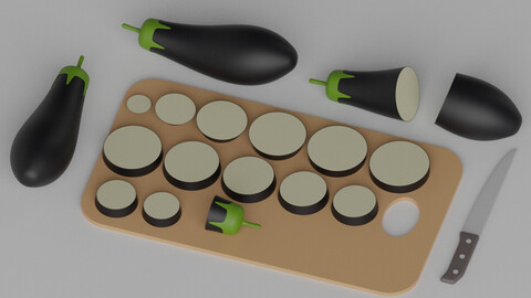 Cartoon Eggplant Slice Chopping Board Kitchen Knife 3d model