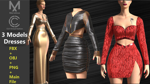 3 Models of Women Dresses / Marvelous Designer / CLO3D Projects File + OBJ + FBX + PNG