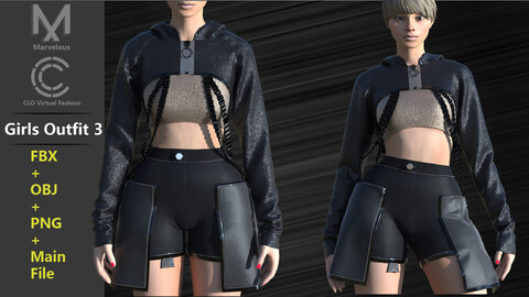 Girl's Outfit 3 / Marvelous Designer / CLO3D Project File + OBJ + FBX + PNG