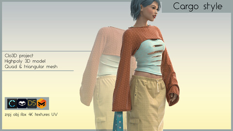 CARGO STYLE OUTFIT (complete outfit made in Clo3D/Marvelous Designer): zrpj, obj,fbx, PBR 4K