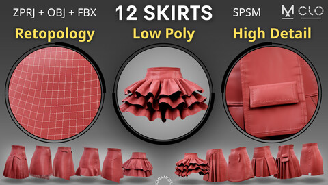 12 Low Poly Skirts - 4k Textures - Smart material - Marvelous Designer / CLO3D PROJECTS+OBJ+FBX