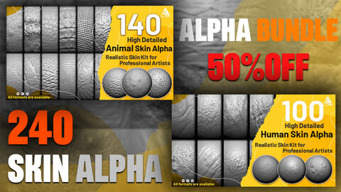 240 High Detailed Skin Alpha ( Bundle ) Human and Animal skin- 50% OFF -  ( Realistic Skin Kit for Professional Artists )