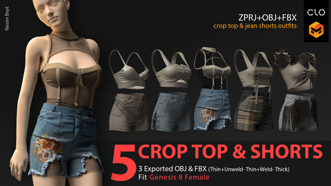 5 CROP TOP & JEAN SHORTS OUTFIT PACK (VOL.02). Marvelous Designer/Clo3D project file+OBJ,FBX