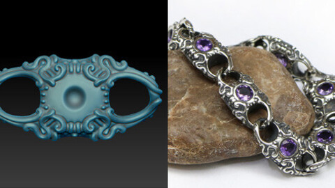 Sculpted bracelet with small stones and ornamental pattern for oxidizing