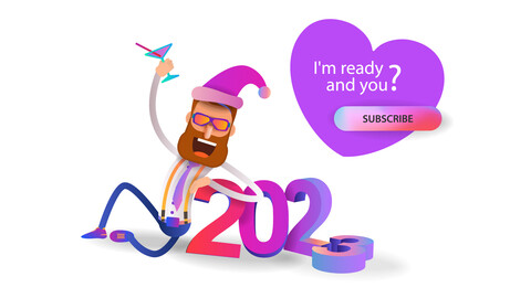 A man with a beard sits on the floor with a glass and hugs the numbers 2023 and the subscribe button