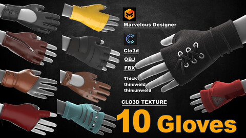 Pack of 10 gloves / marvelous designer / clo3d / OBJ / FBX