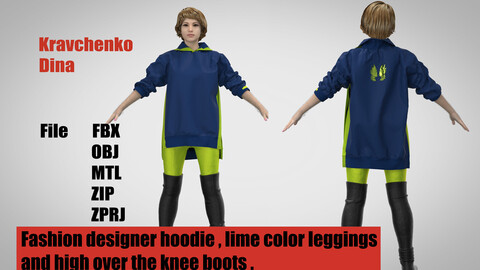 Fashion designer hoodie , lime color leggings and high over the knee boots .