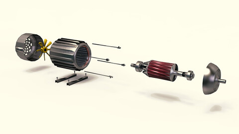 Electric motor - motor casing, stator, rotor armature, winding, exploded model