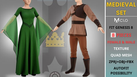 ​​​​Medieval couple outfit (Female & Male) - 8 PIECES - Texture - Marvelous Designer / CLO3D PROJECTS+OBJ+FBX