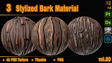 3 Stylized Bark Material - Vol.20 - 4K PBR Textures + SBS File