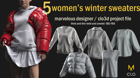 5 women's winter sweater -marvelous/clo3d =ZPRJ+OBJ+FBX file with Remeshing