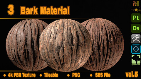 3 Tree Bark Material -VOL 05 (sbs file + 4k PBR Textures)