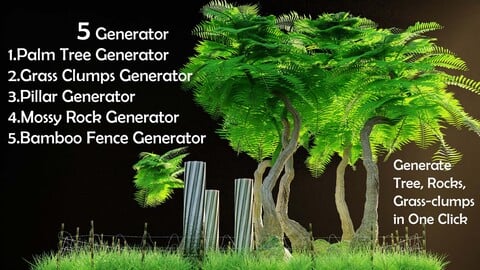 5 Geometry Nodes Generator - Palm tree, mossy Rock, Pillar, Grass clumps, Bamboo Fence