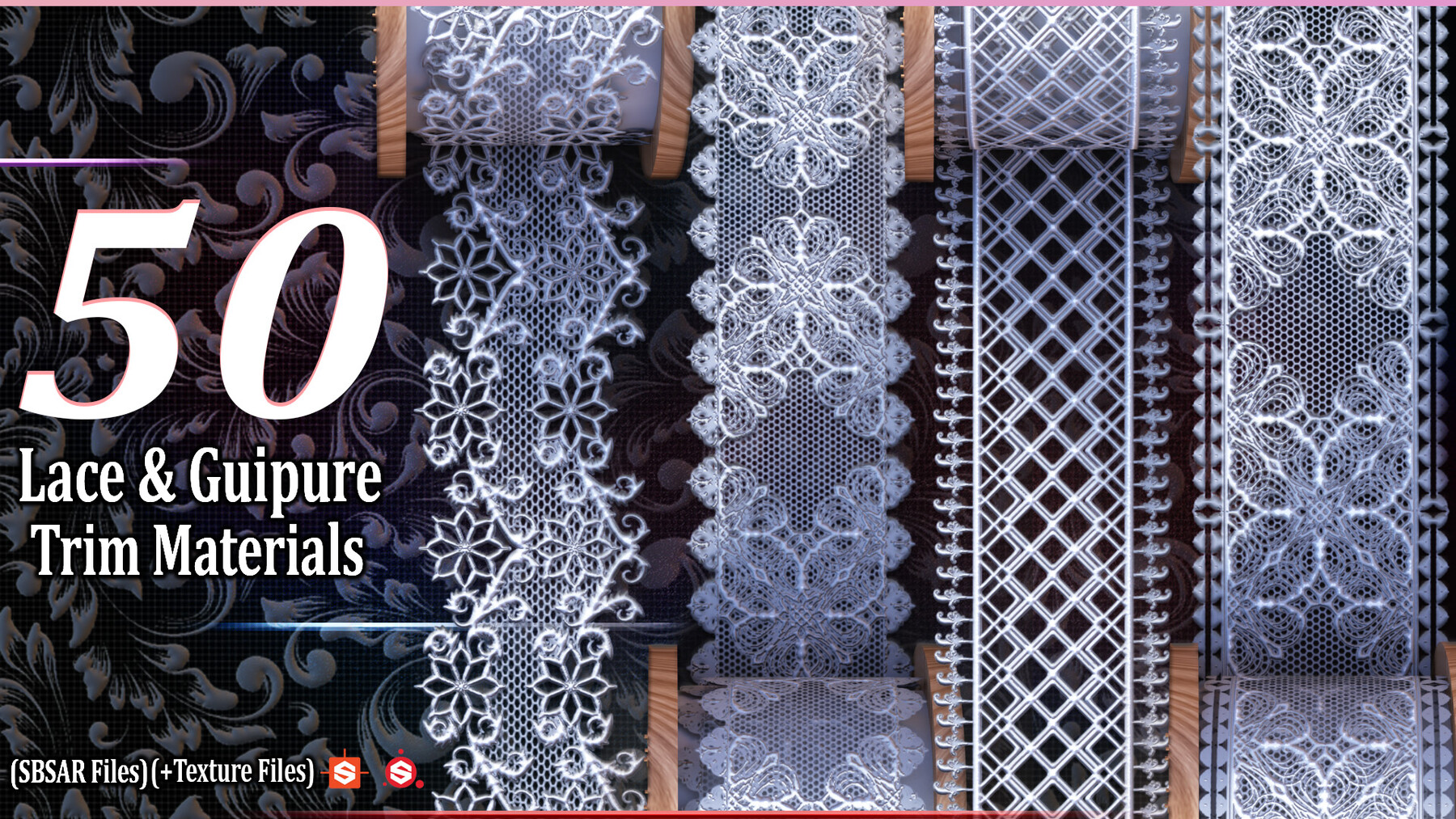 ArtStation - 50 Lace Fabric Trim Texture +SBSAR